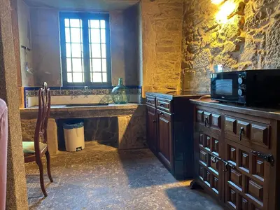 a kitchen with a sink and a microwave on a counter at Casal Rural Val Fresco - Casa Hórreo in Curantes