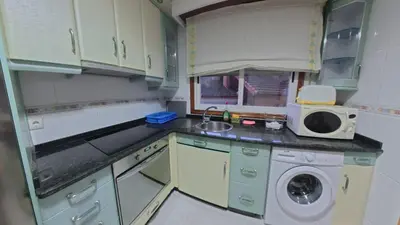 a small kitchen with a sink and a washing machine at Mirador Residencia in Ourense