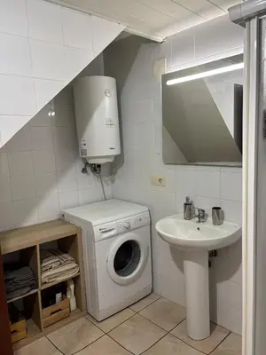 a laundry room with a washing machine and a sink at O lar do Arroio in Allariz
