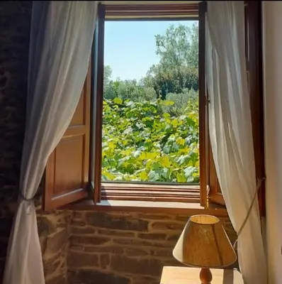 a window with a view of a field of flowers at Rural Milia Arzúa - Transporte gratuíto desde la ciudad o conexión directa a pie desde el Camino in Arzúa