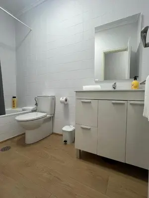 a bathroom with a toilet and a sink and a mirror at Casco histórico Allariz-Iria in Allariz