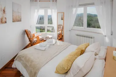 a bedroom with a large bed with two windows at Mirador del Tambre Etapa final del Camino in Sigüeiro