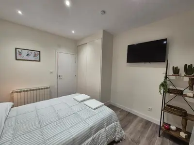 a bedroom with a bed and a flat screen tv at Escola in Ourense