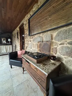 a kitchen with a stove and a stone wall at Aldea Figueiredo in San Amaro