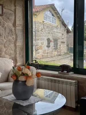 a vase with flowers on a table in front of a window at Aldea Figueiredo in San Amaro