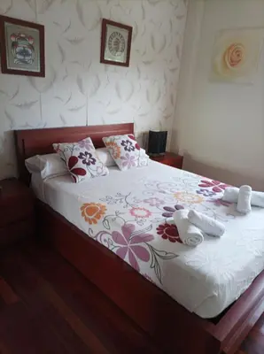 a bedroom with a bed with a floral bedspread at Casa D Aitana in Pardaces de Arriba