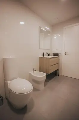 a white bathroom with a toilet and a sink at Casas del Pedregal Apartamento 1 in A Estrada