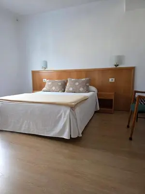 a bedroom with a large bed with a wooden headboard at Hotel Espada in A Rua