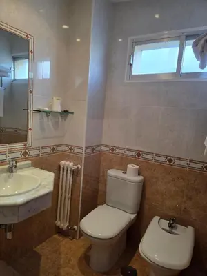 a bathroom with a toilet and a sink and a window at Hotel Espada in A Rua