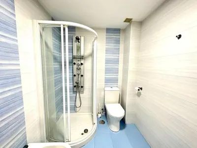 a bathroom with a shower and a toilet at Alice House in Miño