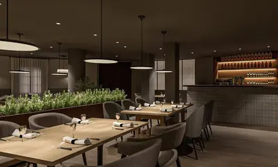 a restaurant with wooden tables and chairs and lights at Hotel La Palloza in Lugo