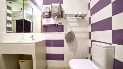 a bathroom with a toilet and a sink and a mirror at Albergue Ezequiel in Melide