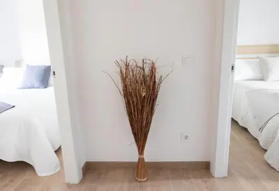 a vase with dry grass in a room next to two beds at Casa Aradas in Santiago de Compostela