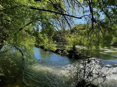 a river with trees and a bridge in the background at Cima de Vila in Taboada