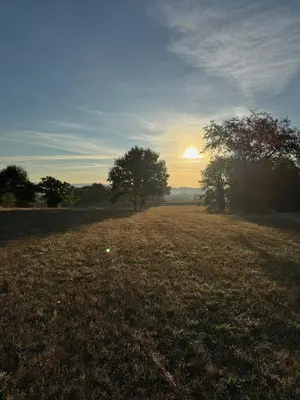 an open field with the sun setting in the distance at Cima de Vila in Taboada