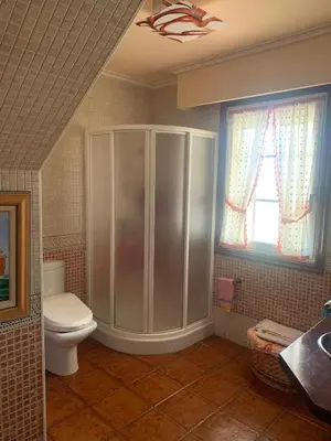 a bathroom with a shower and a toilet and a window at Lar do Pero - Ribeira Sacra