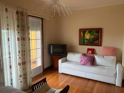 a living room with a white couch and a tv at Lar do Pero - Ribeira Sacra