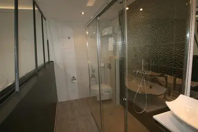 a bathroom with a shower and a toilet and a sink at Hotel Cardenal in Monforte de Lemos