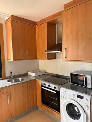 a kitchen with wooden cabinets and a sink and a dishwasher at El rincón de la Mariña in San Cosme de Barreiros