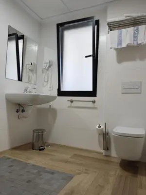 a bathroom with a sink and a toilet and a window at Hostal los Rosales in Almázcara