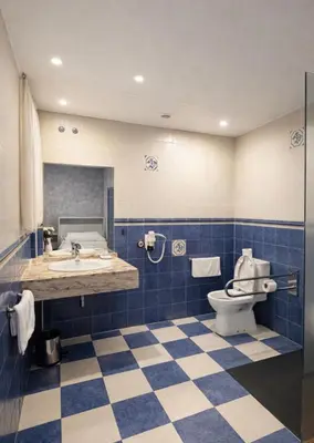 a blue and white bathroom with a toilet and a sink at hostal Saint James Way in Cacabelos