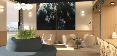 a lobby with white chairs and a table and a couch at B&B HOTEL A Coruña Aeropuerto in Culleredo