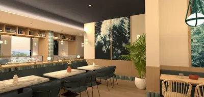 a restaurant with a row of tables and chairs at B&B HOTEL A Coruña Aeropuerto in Culleredo
