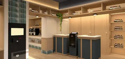 a coffee shop with a checkout counter in a room at B&B HOTEL A Coruña Aeropuerto in Culleredo