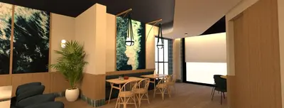 a restaurant with a table and chairs in a room at B&B HOTEL A Coruña Aeropuerto in Culleredo