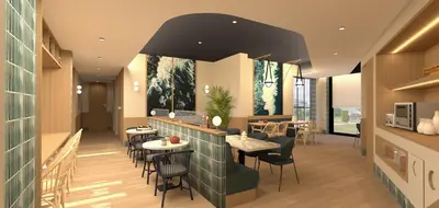 a rendering of a restaurant with tables and chairs at B&B HOTEL A Coruña Aeropuerto in Culleredo