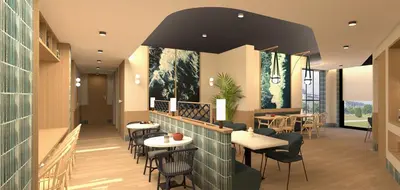 a restaurant with tables and chairs in a building at B&B HOTEL A Coruña Aeropuerto in Culleredo
