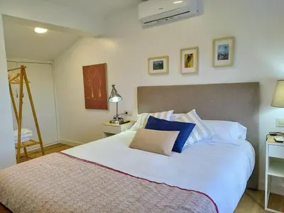 a bedroom with a large white bed with blue pillows at Alojamientos arans in La Cañiza