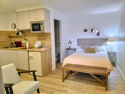 a bedroom with a large bed and a kitchen at Alojamiento piñeiro arans in Oroso