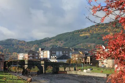 a small town with a bridge and a mountain at Apartamentos Picea Azul in Vega de Espinareda