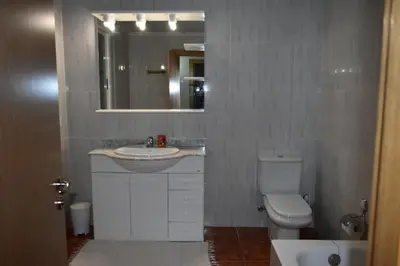 a bathroom with a sink and a toilet and a mirror at Apartamentos Picea Azul in Vega de Espinareda