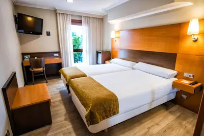 a hotel room with a bed and a desk at Hotel Alda Bonaval in Santiago de Compostela