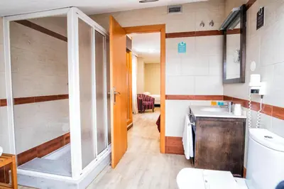 a bathroom with a shower and a sink and a toilet at Hotel Alda Bonaval in Santiago de Compostela