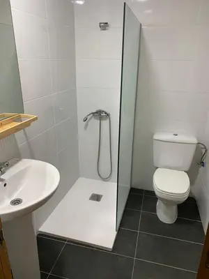 a bathroom with a shower and a toilet and a sink at Pension Valcarce in Ponferrada
