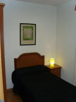 a bedroom with a bed and a lamp on a night stand at Hostal Las Eras in Cubillos del Sil