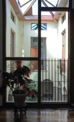 a plant in a pot sitting in front of a window at Pazo Torre Do Barrio in Loseiro