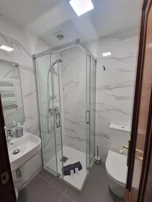 a bathroom with a shower and a toilet and a sink at Hospedaje Jose Rey in Santiago de Compostela