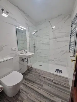 a bathroom with a shower and a toilet and a sink at Hospedaje Jose Rey in Santiago de Compostela