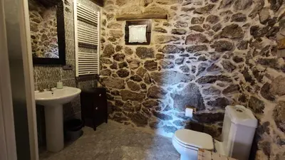 a stone bathroom with a sink and a toilet at Aldea Rural Santo André in Congostro