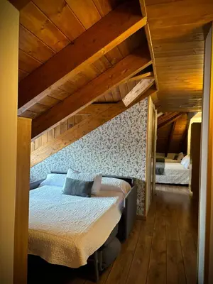 a bedroom with two beds in a room with wooden ceilings at Hotel Molina Real in Molinaseca