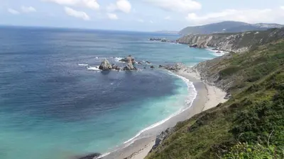 an aerial view of a beach and the ocean at Galicia Retreat in Santa Marta de Ortigueira