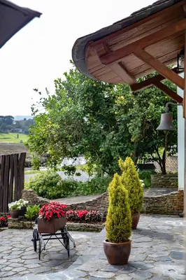 a patio with potted plants and flowers in pots at Casa Ría de Navia in Navia