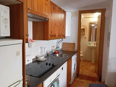 a kitchen with a sink and a counter top at Apartamentos el Camino in Villafranca del Bierzo