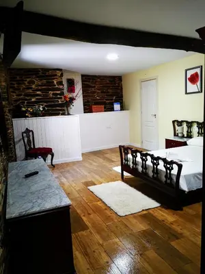 a large bedroom with a bed and a counter at Pensión Santa Rosa in Samos