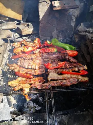 a bunch of meat and vegetables cooking on a grill at Pensión Santa Rosa in Samos