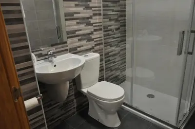 a bathroom with a toilet and a sink and a shower at Pons Minea in Portomarin